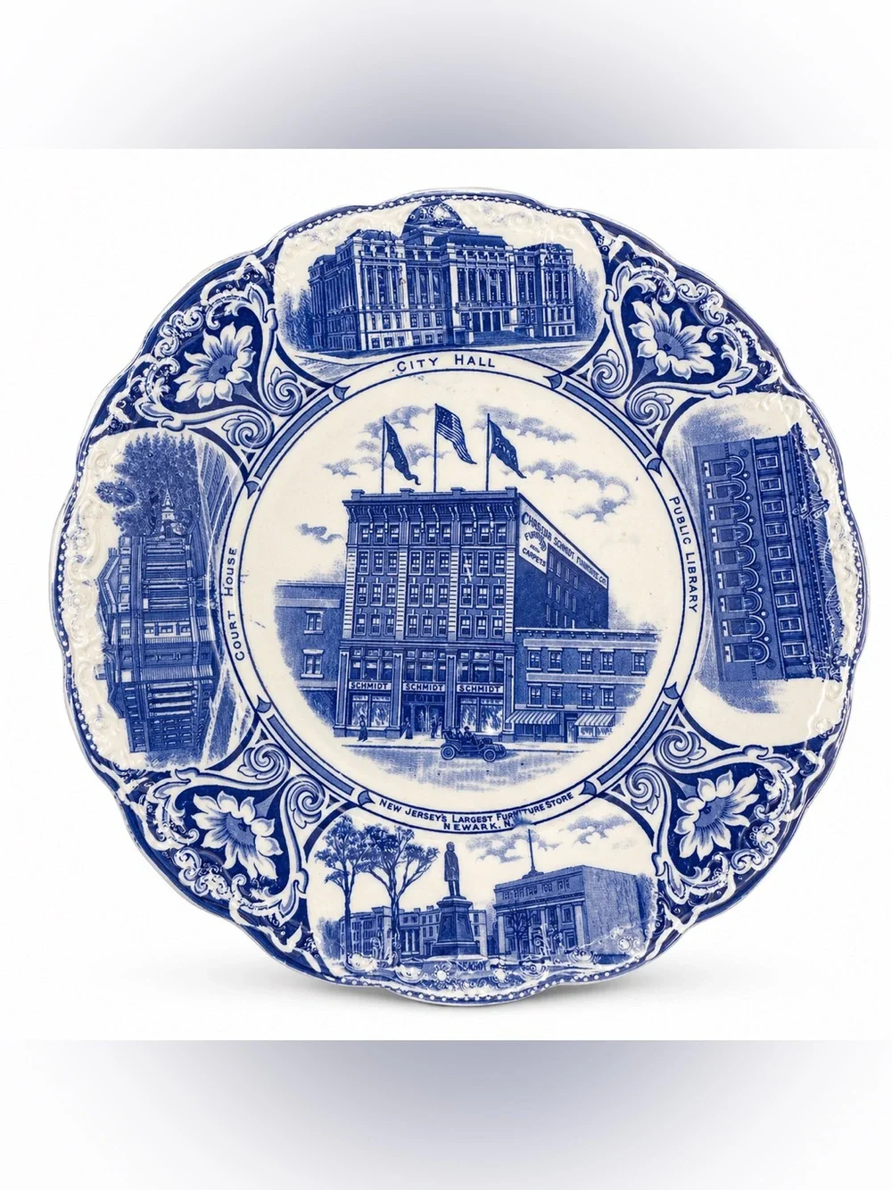 Blue and White Commemorative Transferware Plate with City Scenes